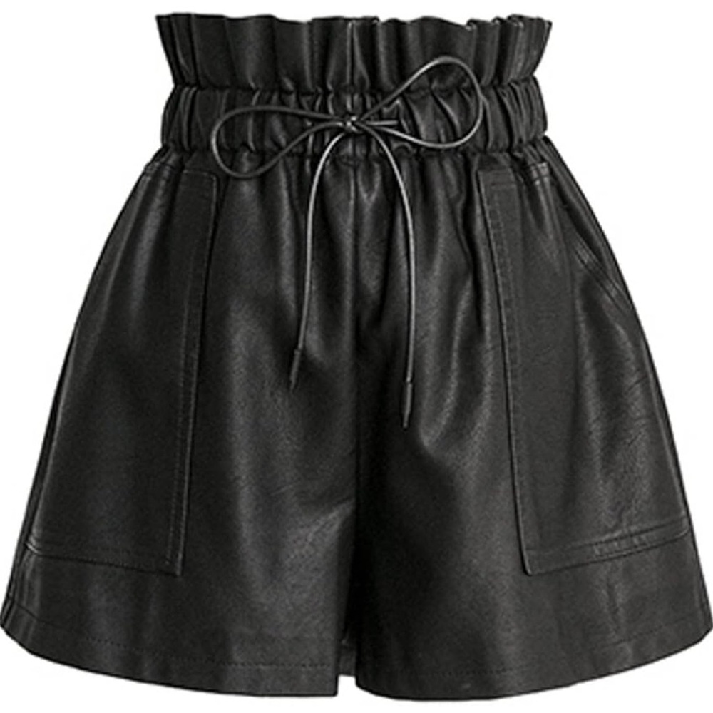 Women’s High Waisted Wide Leg Black Faux Leather Glossy Shorts Size L